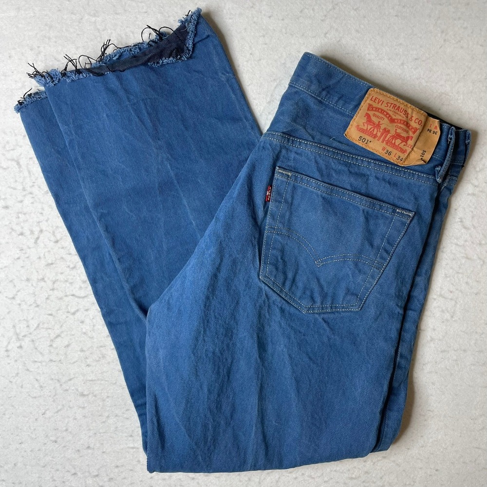 Levi Strauss 501 Jeans W36‎ L34 Blue Denim Button Fly Distressed Raw Hem